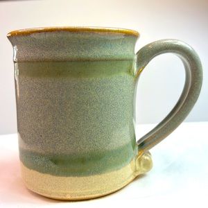 Hand thrown Stoneware mug, shades of green, cream, brown EUC